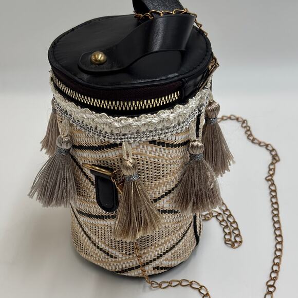 Boho · Cylinder Bucket Bag · Straw Wicker · Tassel Chain Strap · Black Tan - Picture 1 of 5
